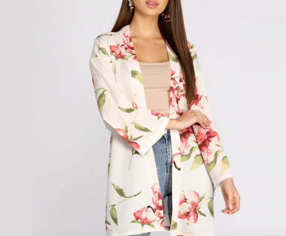 Wild flower floral belted Kimono (White)