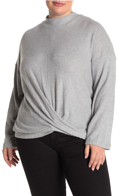 All in favor (Plus size $Brush waffle wrap hem sweater - H Grey