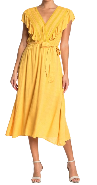 All in favor ruffle v neck waiste tie dress/ bright yellow