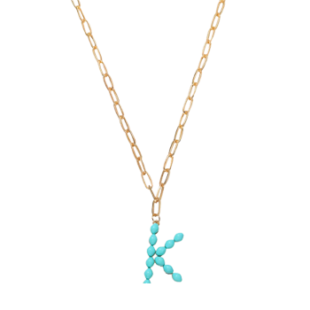 Dainty Turquoise Pearl Big Initial Chain Pendant Necklace for Women