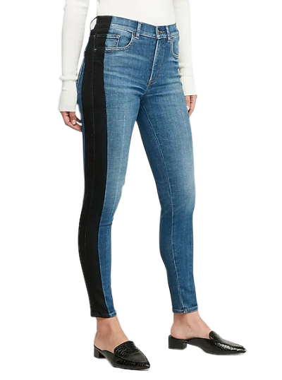 High Waisted Hyper Stretch Black Stripe Ankle Skinny Jeans