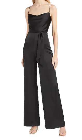 Satin Belted Cowl Neck Wide Leg Jumpsuit