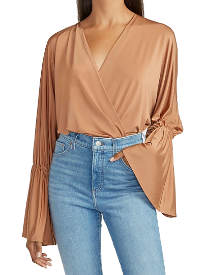 Satin Wrap Front Bell Sleeve Thong Bodysuit