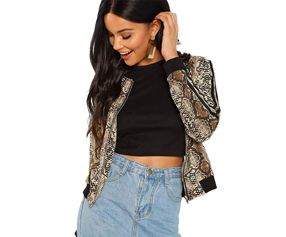 Floerns Women's Snakeskin Print Short Bomber Jacket