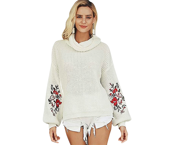 Simplee Women's Turtleneck Embroidery Long Sleeve Pullover Chunky Knitted Tunic Sweater White
