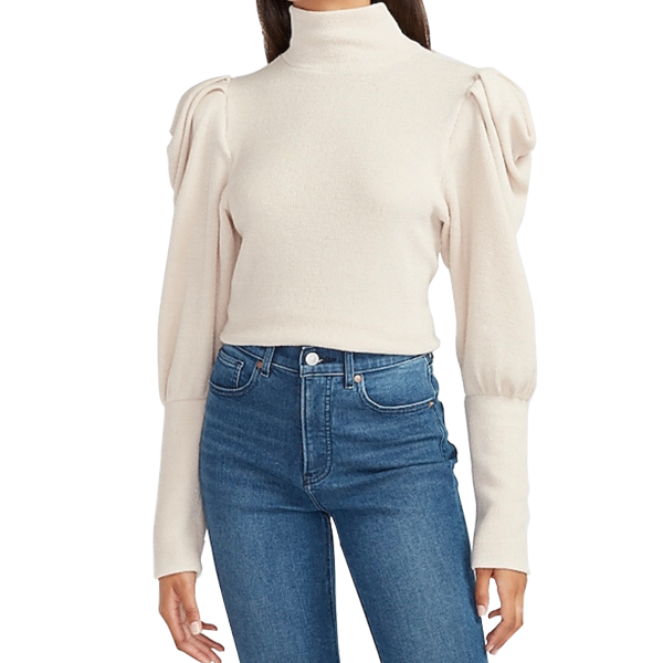 Ribbed Puff Sleeve Mock Neck Top